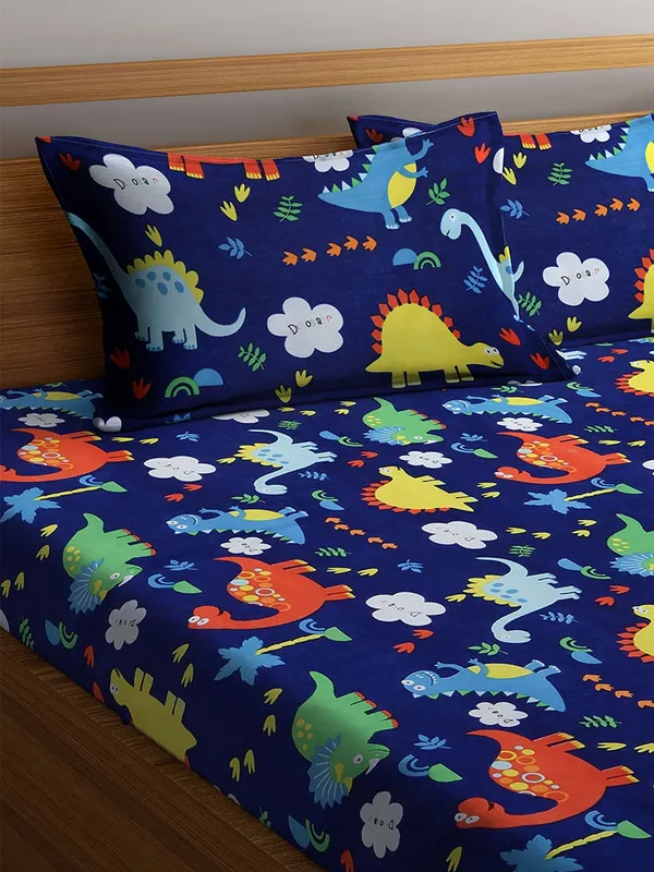 220TC_Elastic_Fitted_100%_Cotton_Feel_Printed_King_Size_Single_Bed_Bedsheet_with_1_Pillow_Cover_(36"x78"_Upto_6"_Mattress)_Blue_Dino